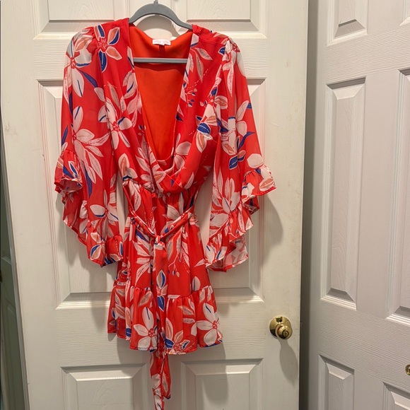 Pink Lily Floral Mini Dress - Red and White - Picture 2 of 11